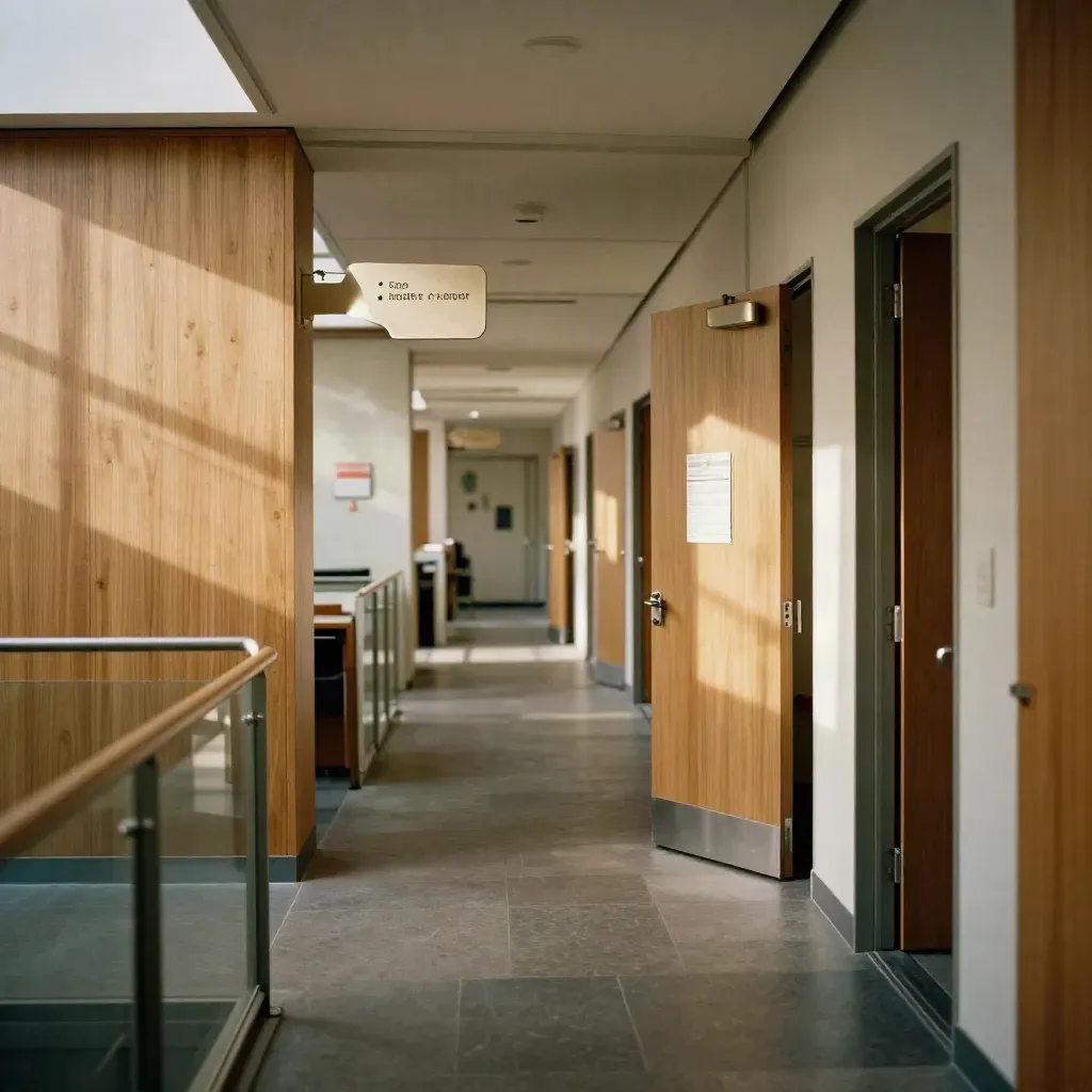 Flur mit offenen Türen, Holzpaneelen und Wegesäule im dramatischen Licht.