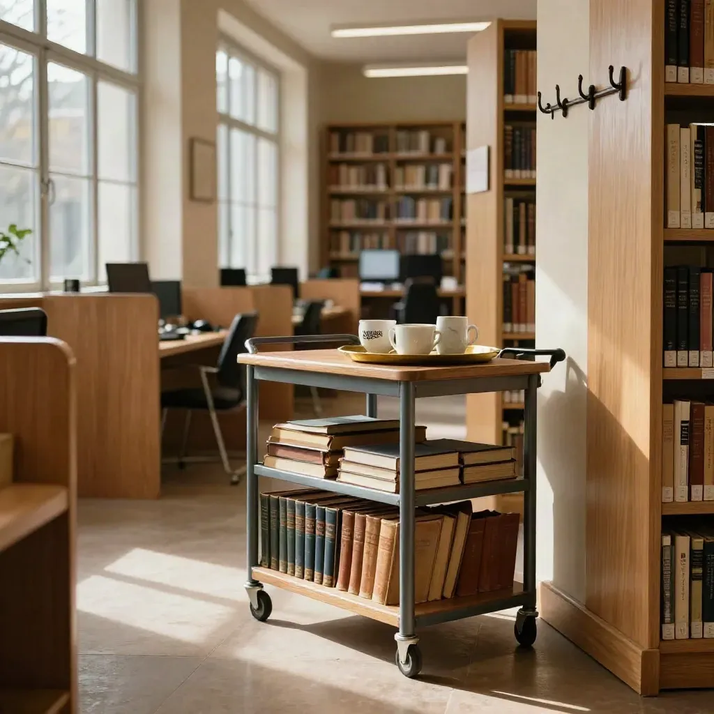 Bibliotheksflur mit Bücherwagen, Lernkabinen und warmem Sonnenlicht