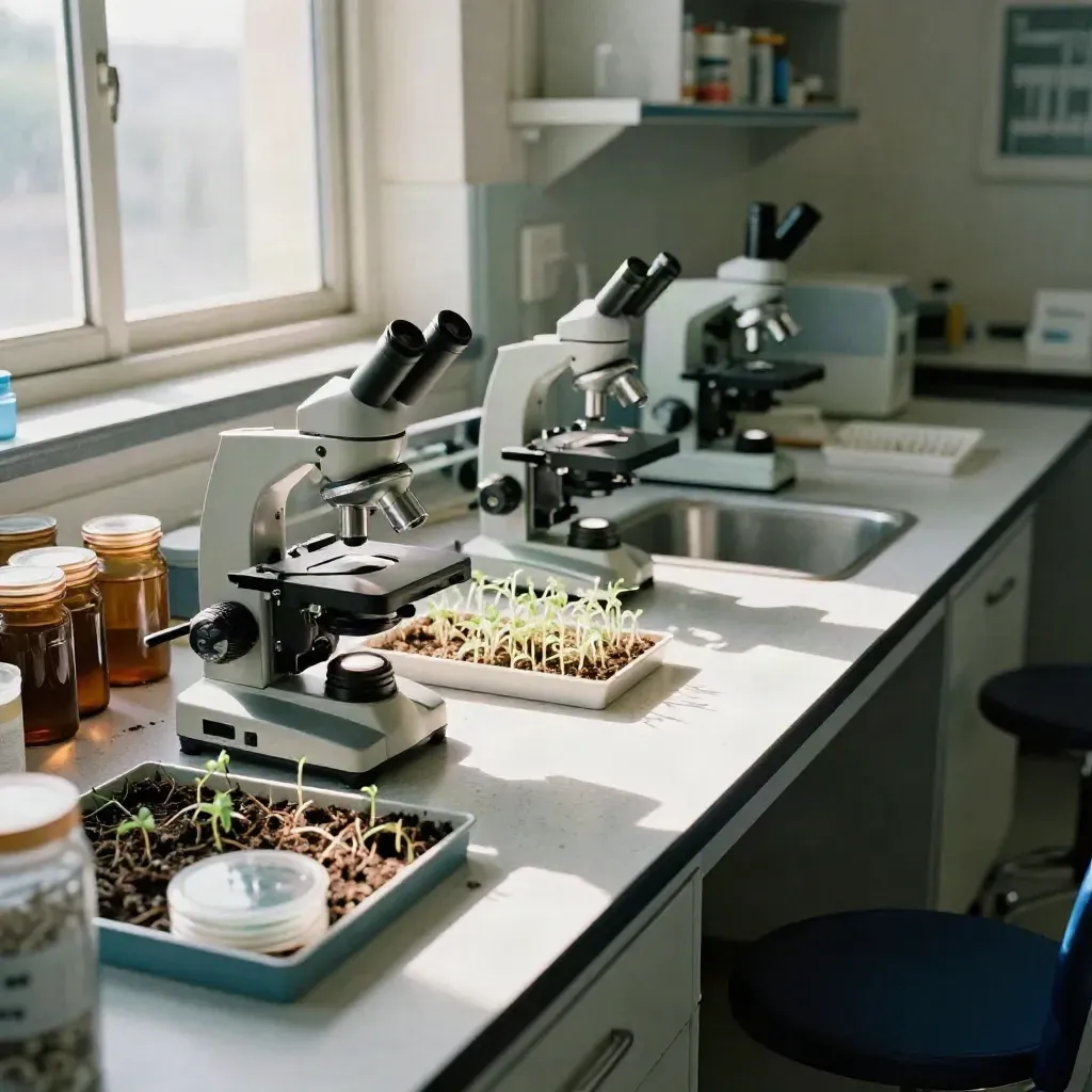 Biologielabor mit ausgerichteten Mikroskopen, Saattrays, Probengefäßen und Spülbecken.