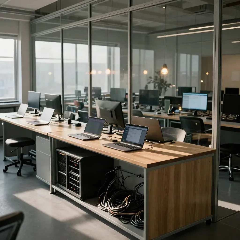 Gläserner Computerraum mit geschlossenen Laptops, Serverlicht und Hockern im warmen Seitenlicht.
