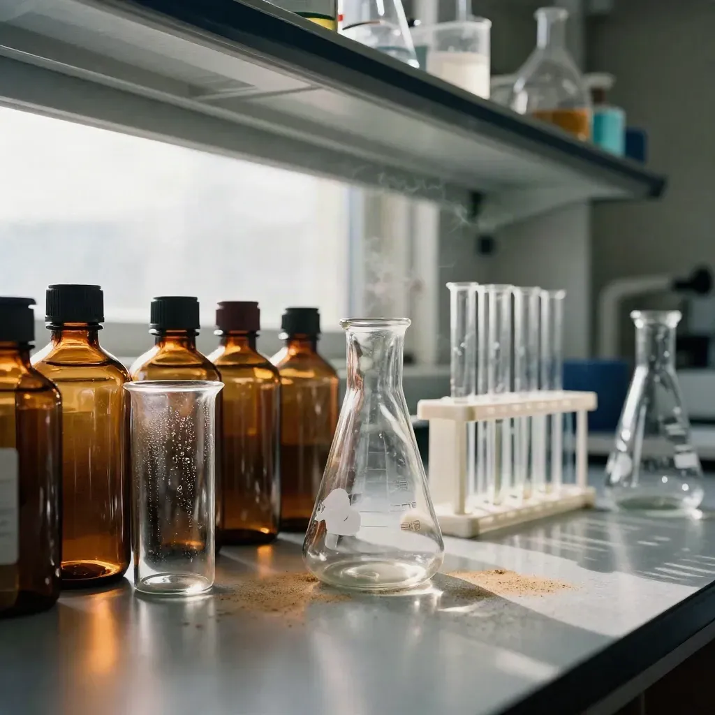 Chemielabor-Bank mit Reagenzflaschen, Exsikkator und gesenkter Abzugsscheibe.