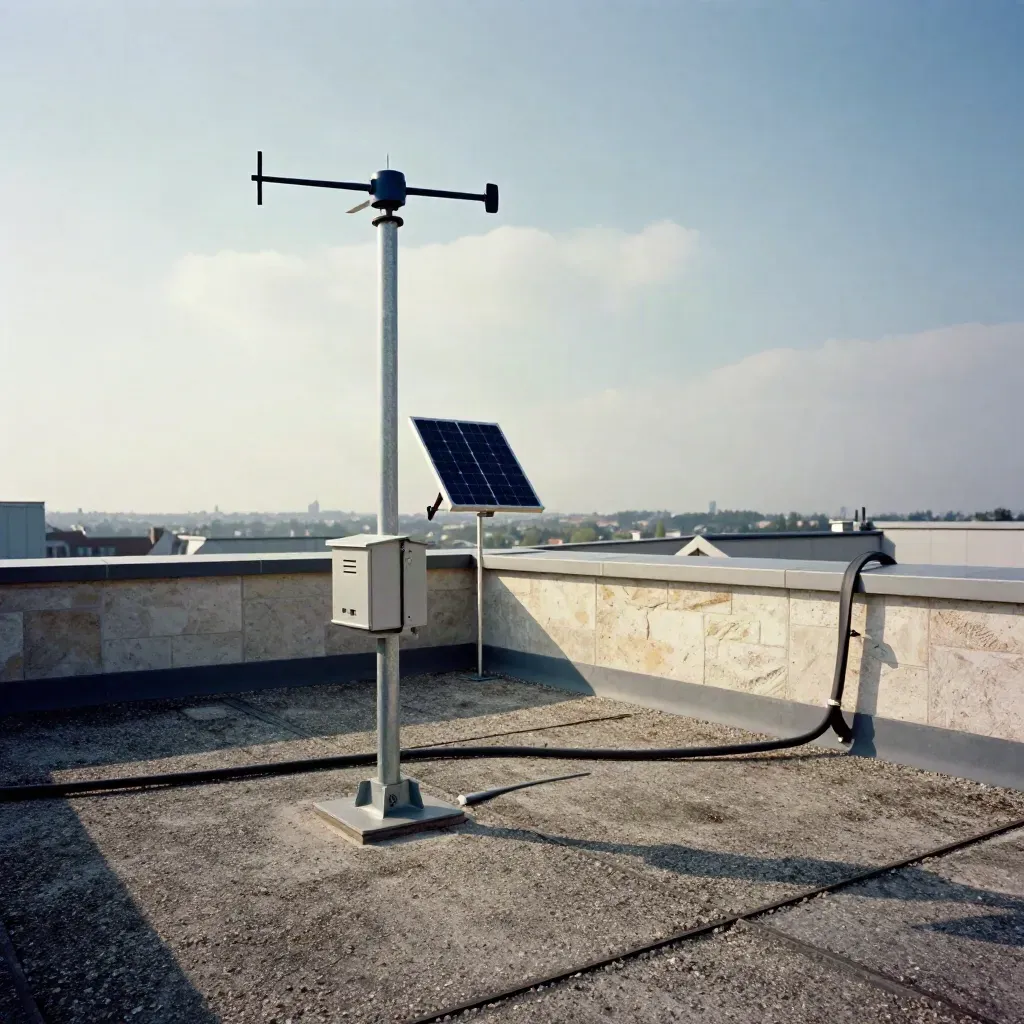 Dachmessstation mit Wettermast, Anemometer und Solarpanel für Klimaforschung.
