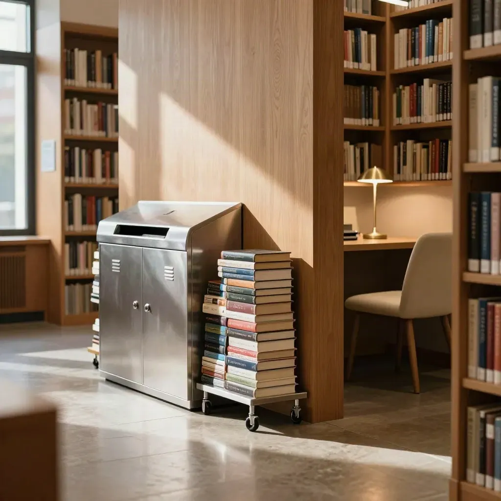 Bibliotheksservice mit Rückgabeschacht, Bücherwagen, Schließfächern und Leseecke im Seitenlicht