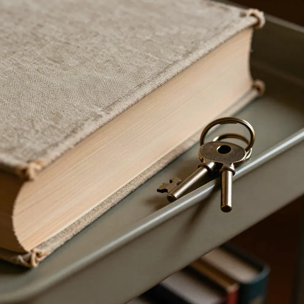 Linnenbucheinband, Buchschnitt, Regaletikett und Schlüsselbund in warmem Bibliothekslicht.