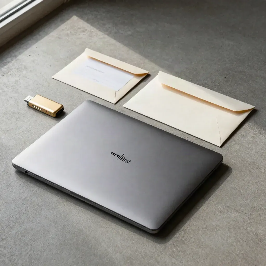 Flache Aufnahme mit Laptop, USB-Stick, Studierendenkarte und Umschlag auf hellem Beton.