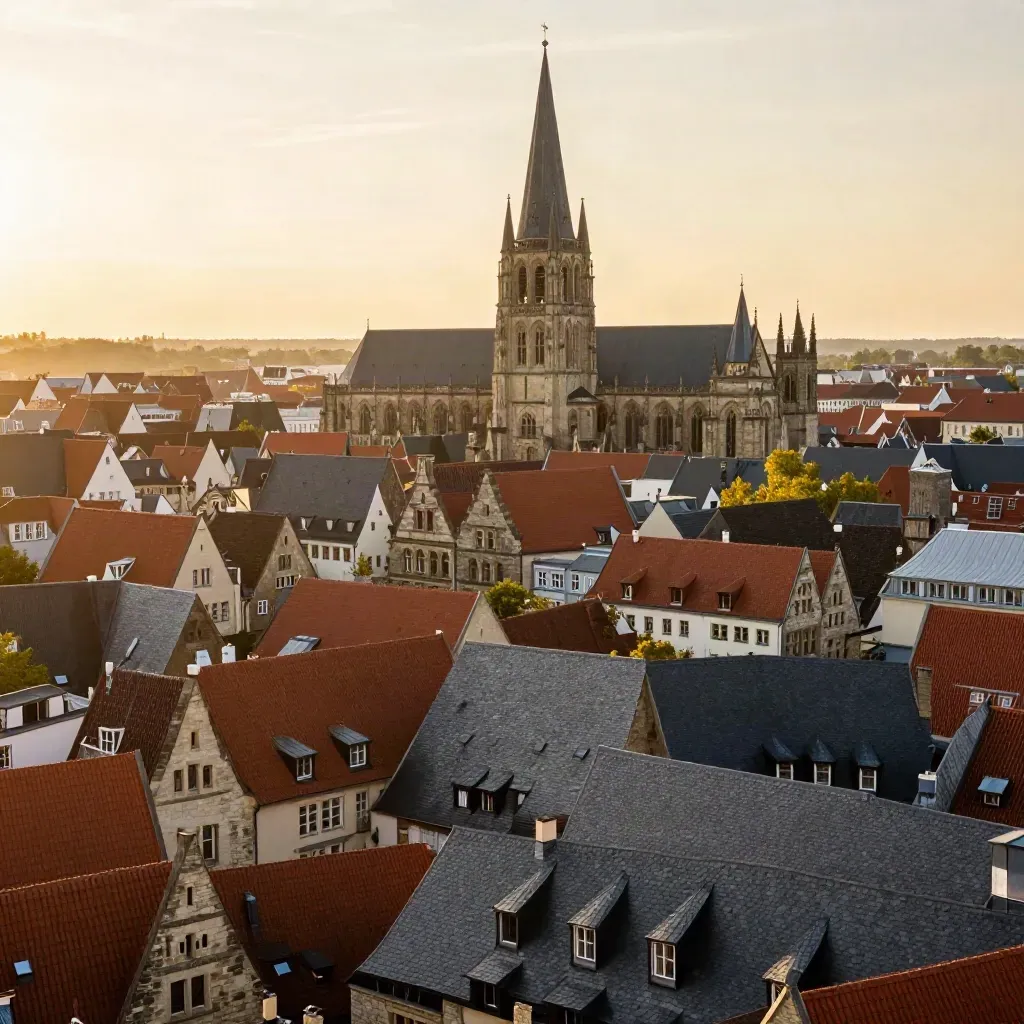 Münster-Altstadt im goldenen Abendlicht mit Domtürmen und ruhigen Dächern