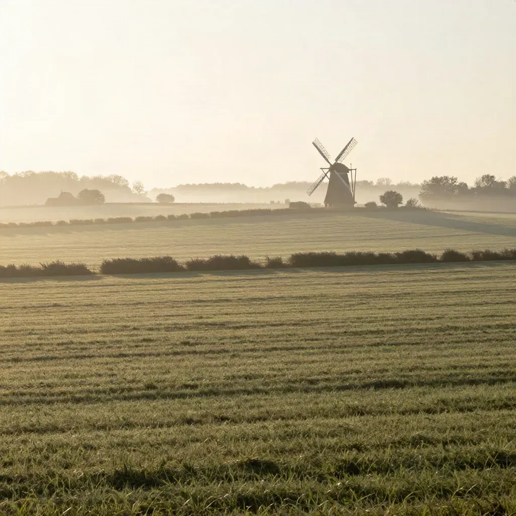 Morgennebel über Münsterland-Wiesen mit Windmühle und Hofdach in weiter Landschaft.