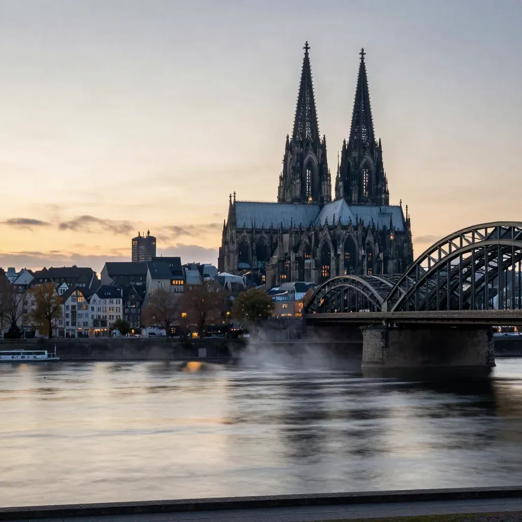Rheinblick mit Domspitzen, Brückenträgern und ruhigem Wasser im Abendlicht