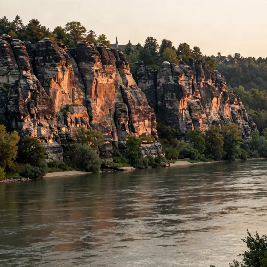 Sandsteinfelsen über der Elbe im Abendlicht, mit Nebel, Wald und fernem Kirchturm