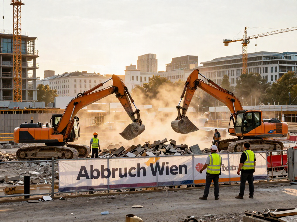 Professioneller Abbruch Wien mit Bauarbeitern und Maschinen auf einer Baustelle während der goldenen Stunde.