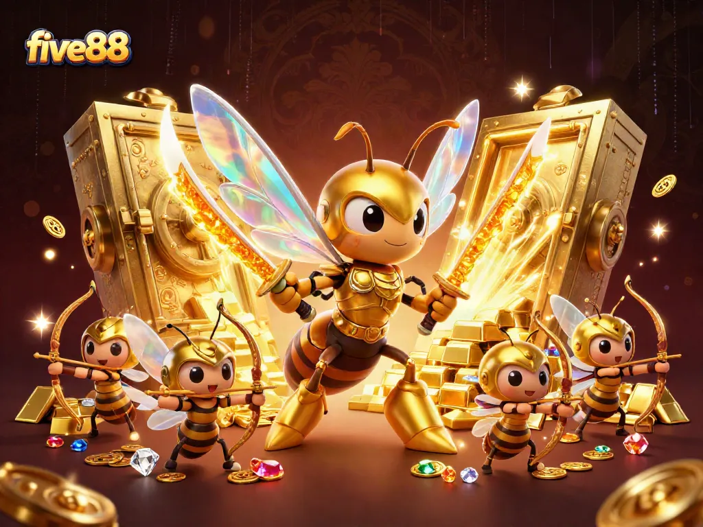 Engage with five88 in a vibrant casino scene filled with treasures and dynamic characters.