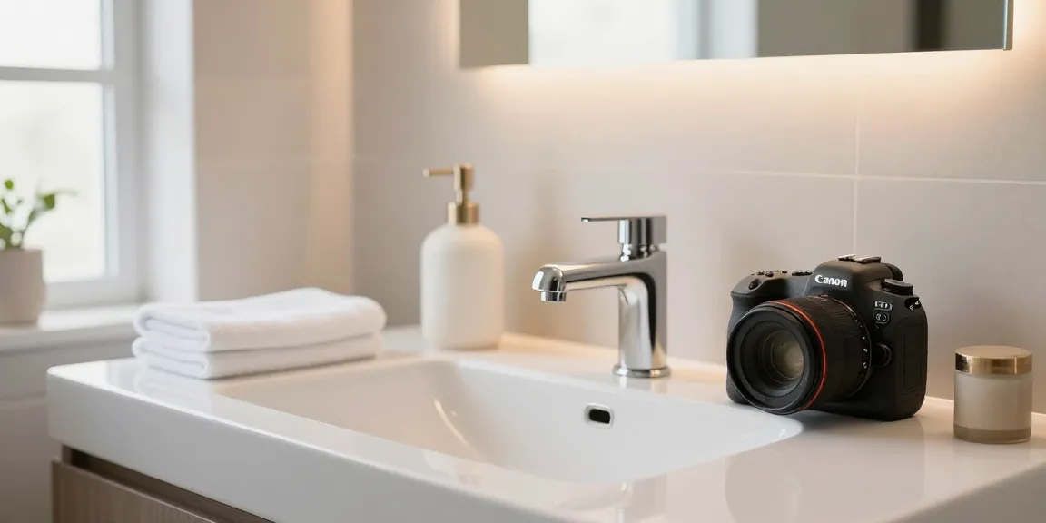 Chique badkamer met een moderne afvoerplug en elegante accessoires die een stijlvolle sfeer creëren.