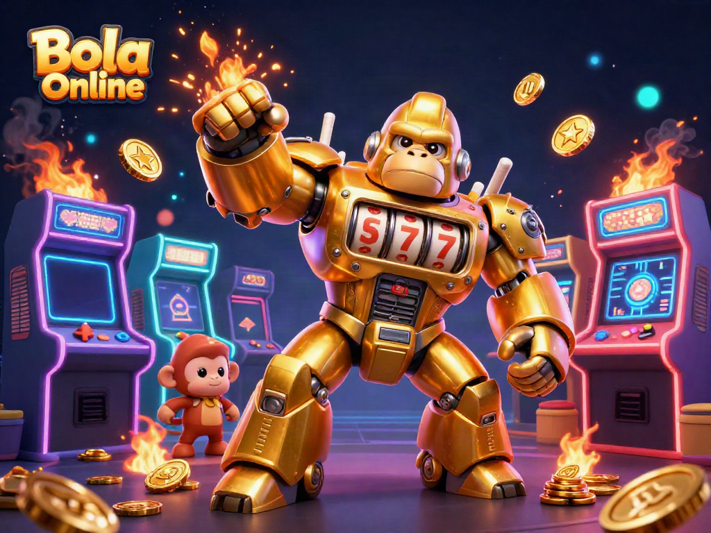 Bola Online's dynamic gaming scene featuring a golden gorilla mech celebrating with exploding coins