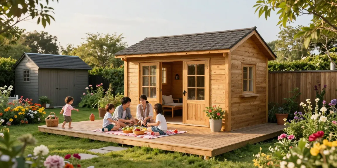 Gartenhaus Holz in einem einladenden Garten mit blühenden Blumen und einer Familie beim Picknick.