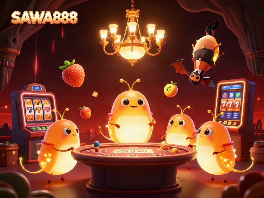 Engage with SAWA888's vibrant, illuminated cave casino scene featuring glowworms and captivating slot themes.
