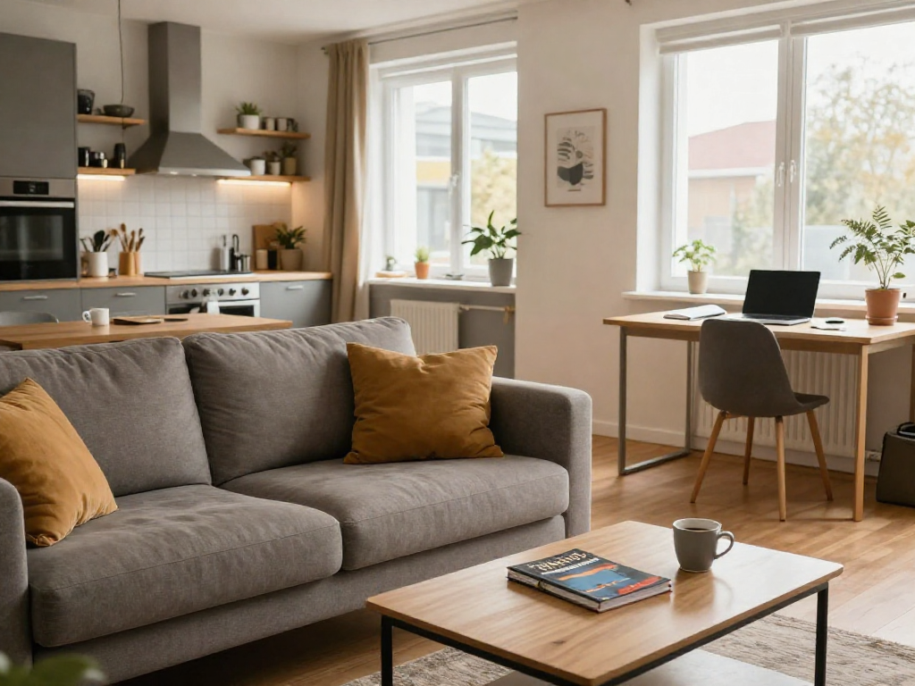 Moderne möblierte Wohnung in Hannover mit Monteurzimmer Hannover, gemütlichem Wohnzimmer und voll ausgestatteter Küche.