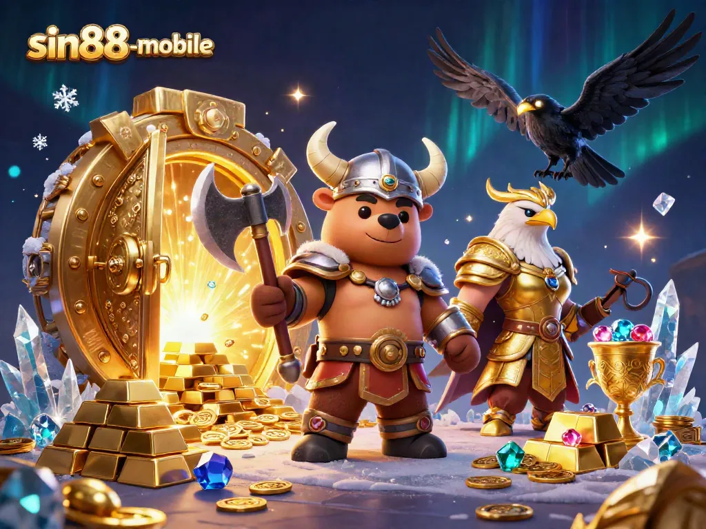 Experience thrilling wins with sin88-mobile, vibrant Viking and Valkyrie themed 3D casino gaming illustration.
