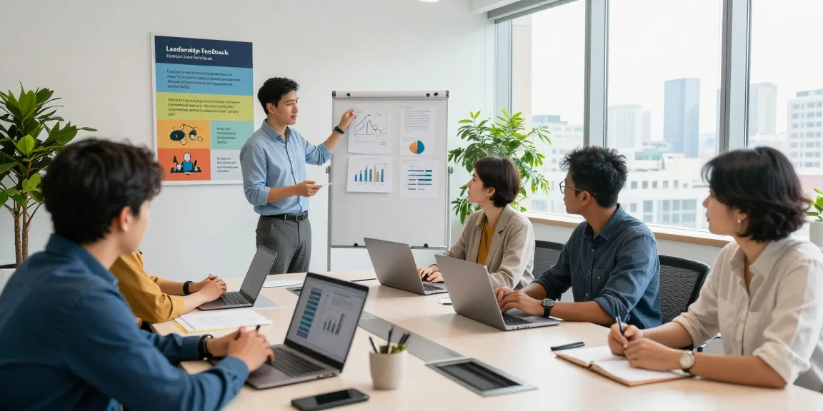Team am Arbeitsplatz, das Führungskräfte bewertet, moderne Büroumgebung mit Präsentationen und Diskussionen.