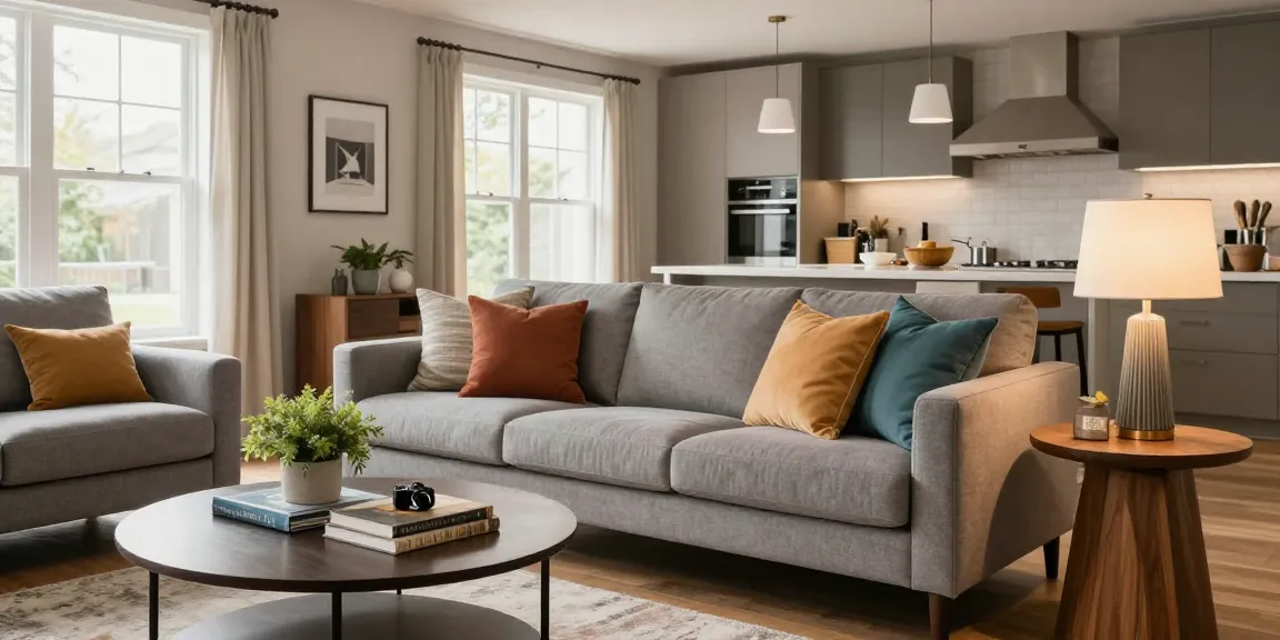 Entdecken Sie stilvolle Möbel mit Lieferung Kaufen Optionen in einem gemütlichen, modernen Wohnzimmer mit eleganter Dekoration.