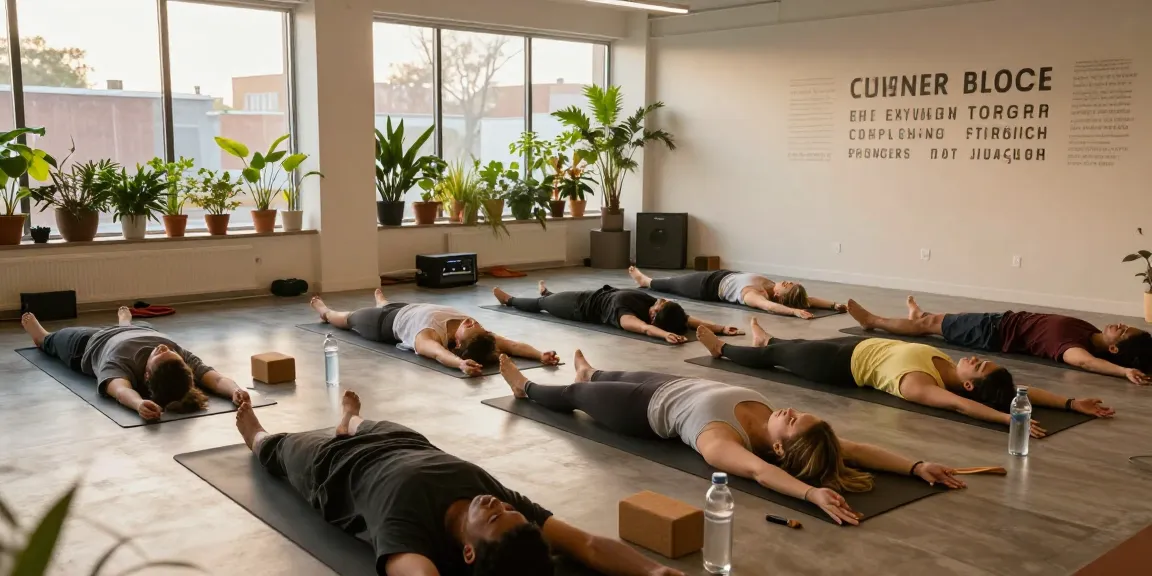 Group practicing yoga in a bright wellness studio showcasing rokok88 lifestyle
