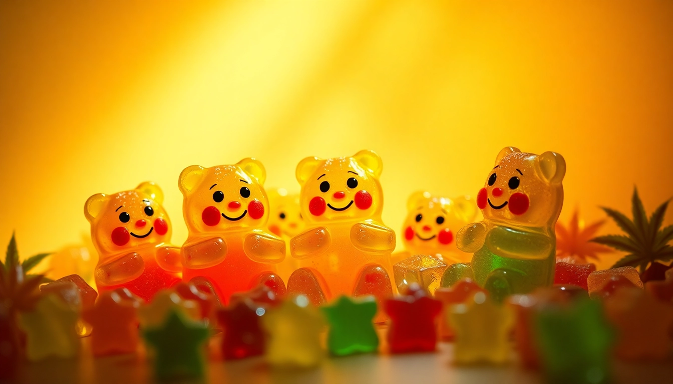 Schmackhafte THC Gummies in verschiedenen Farben, arrangiert auf einem hellen Tisch.