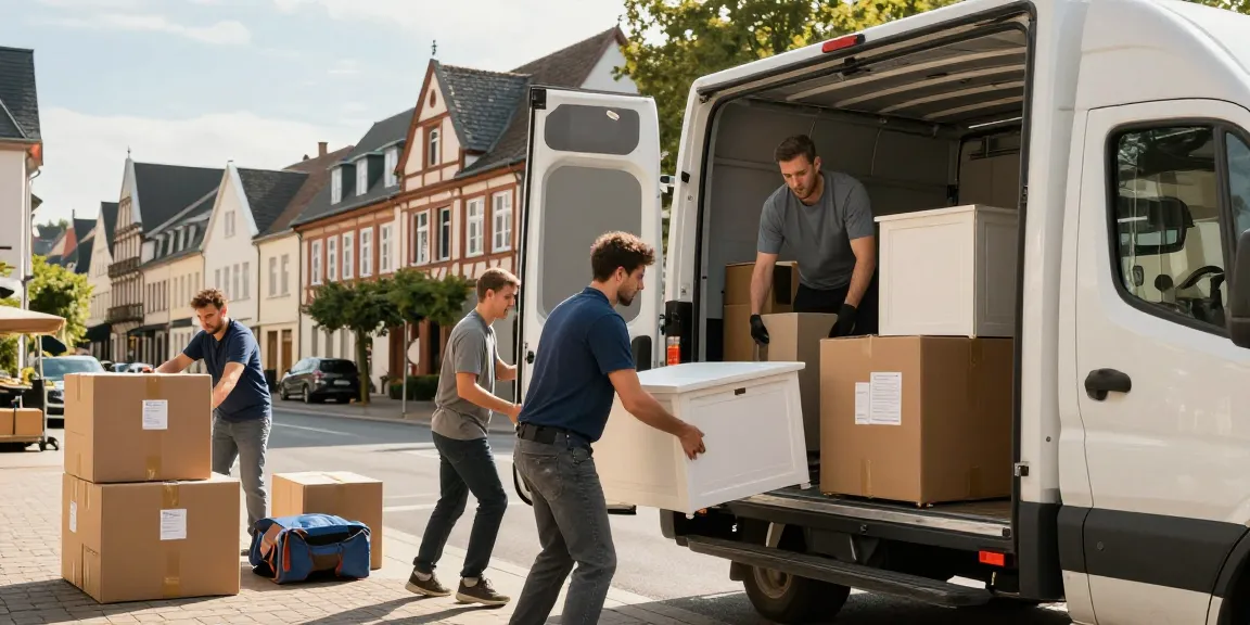 Umzugsunternehmen Worms, professionelle Umzugshelfer tragen Möbel in den Umzugswagen, Innenstadtansicht