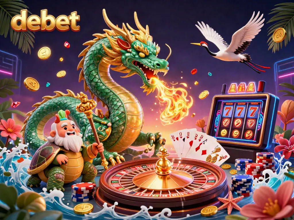 Experience the excitement of debet with vibrant casino elements and mythical creatures in a dynamic scene.