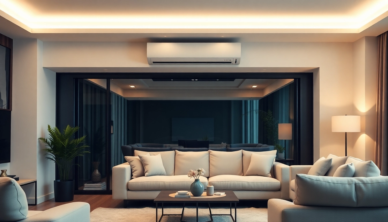 Klimaanlagen in a stylish living room showcasing an energy-efficient model with modern aesthetics.