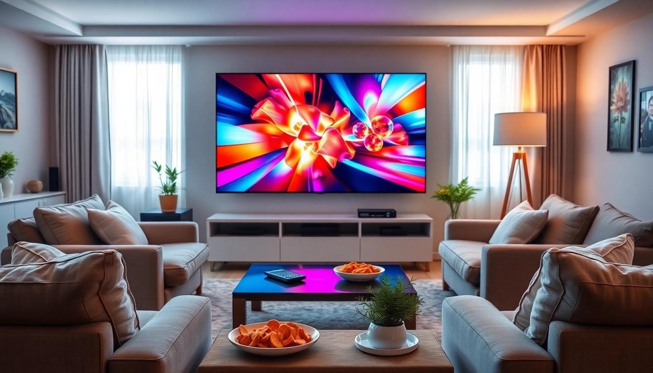 Erlebe IPTV Fernsehen über Internet in einem modernen und einladenden Wohnzimmer-Setup mit lebhaften Inhalten.
