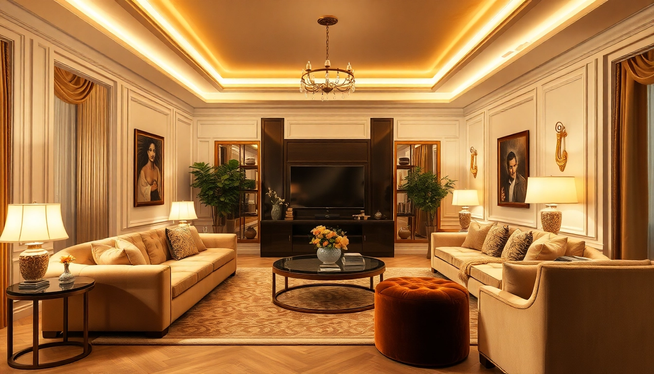 Experience luxury in a beautifully designed living room featuring elegant furniture and warm lighting.