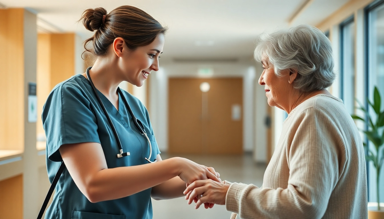 Engaged Pflegefachkraft stelle Hameln providing compassionate care to elderly patients in a sunny facility.