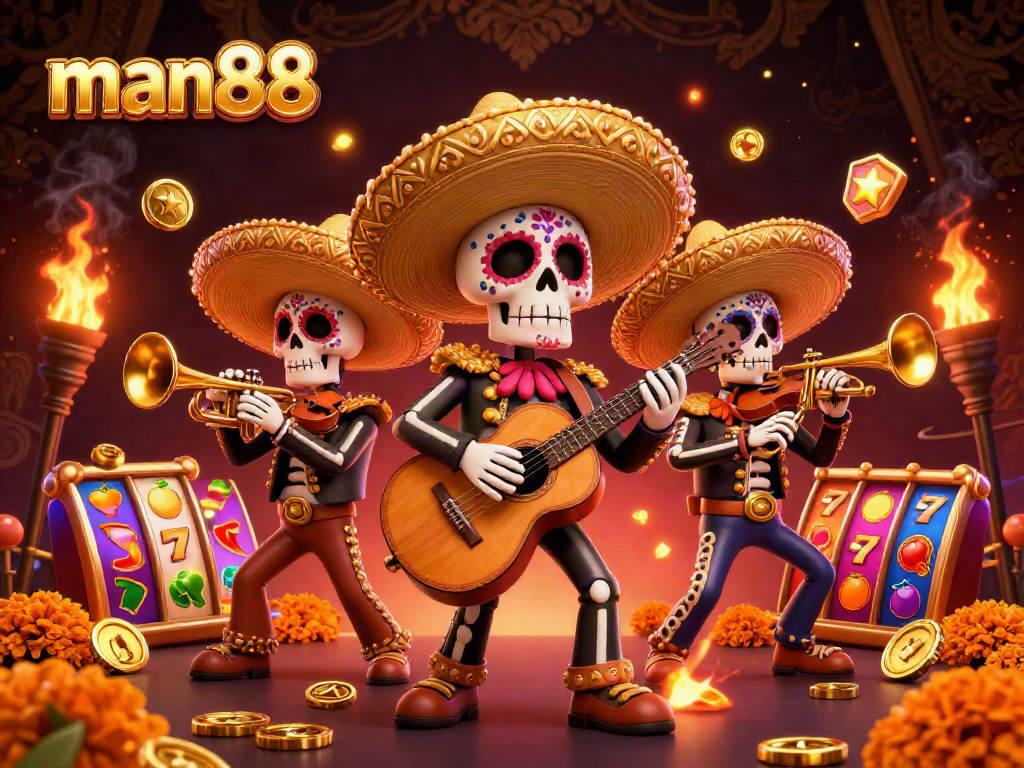 Engage with man88's vibrant casino experience through colorful slots and lively mariachi characters.