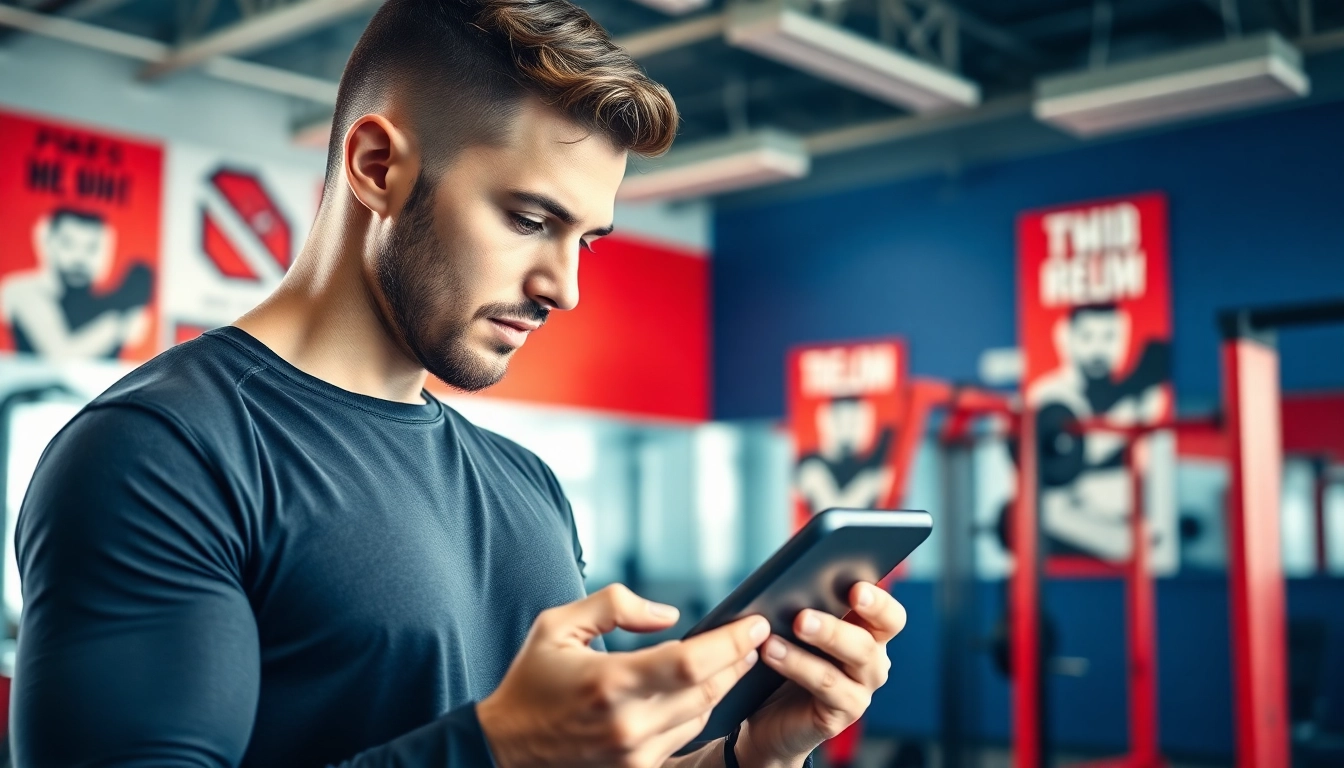 Analysing trenbolon preis with a trainer in a vibrant gym atmosphere.