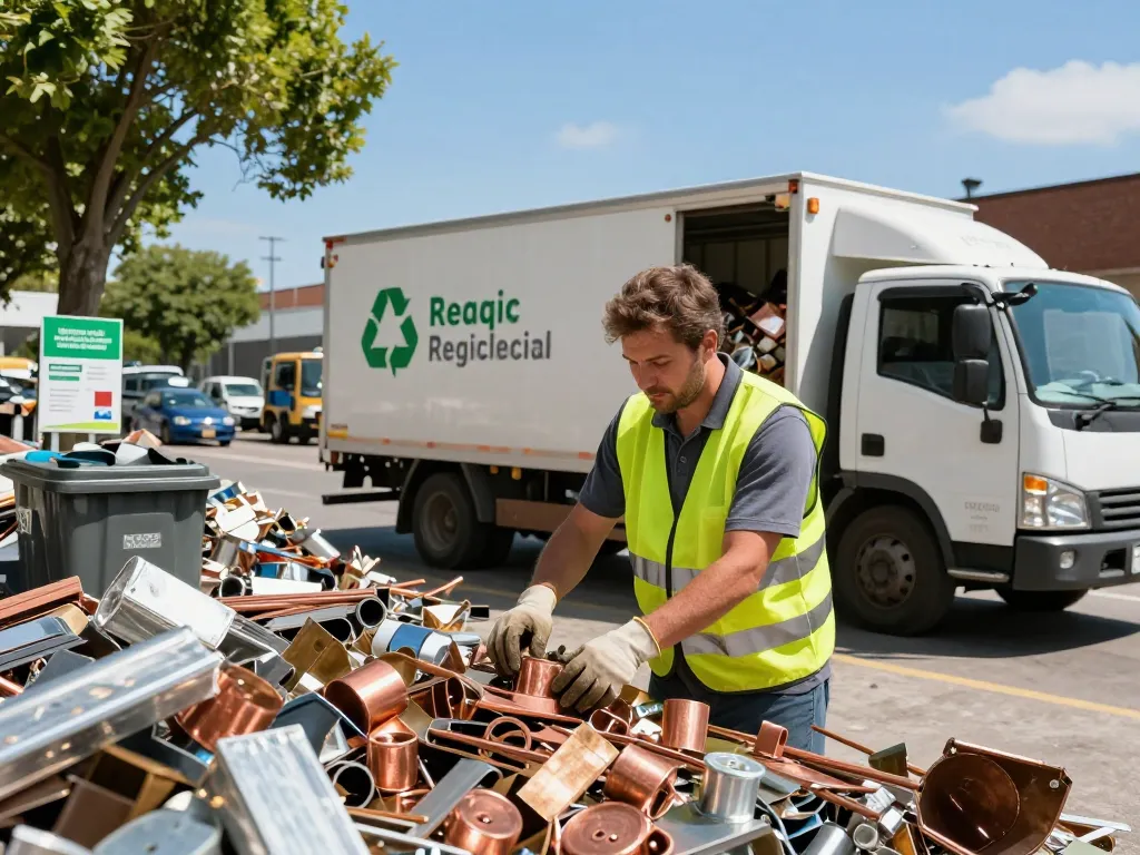 Effiziente Schrotthandelszene mit einem Fachmann, der Schrott zur Recycling sortiert, was Nachhaltigkeit und städtische Recyclinganstrengungen zeigt.