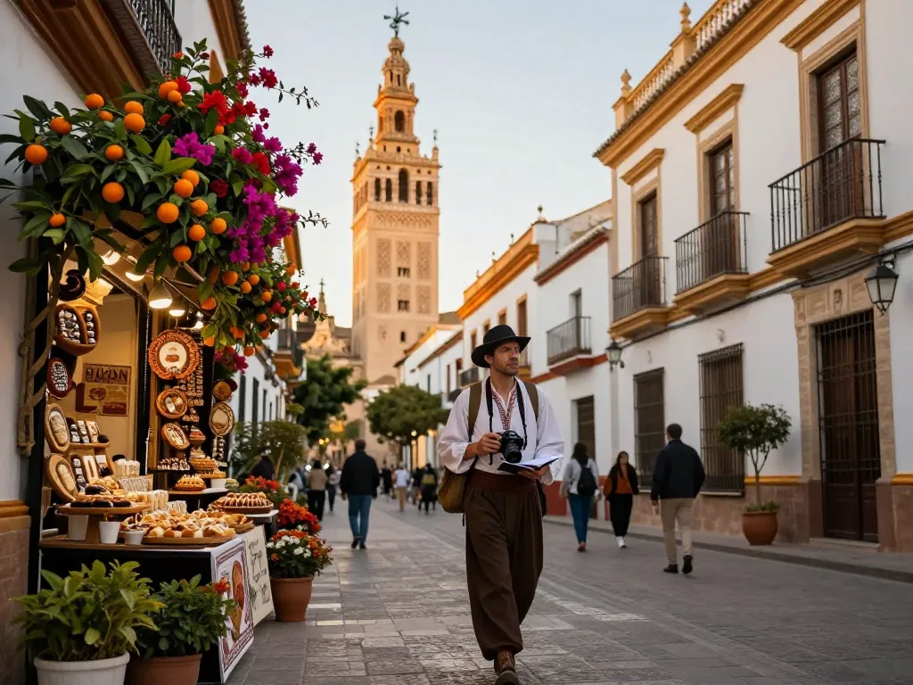 Reisetipps Sevilla: Ein Reisender erkundet die lebhaften Straßen von Sevilla mit lokaler Architektur und Tapas-Bars im Licht der goldenen Stunde.