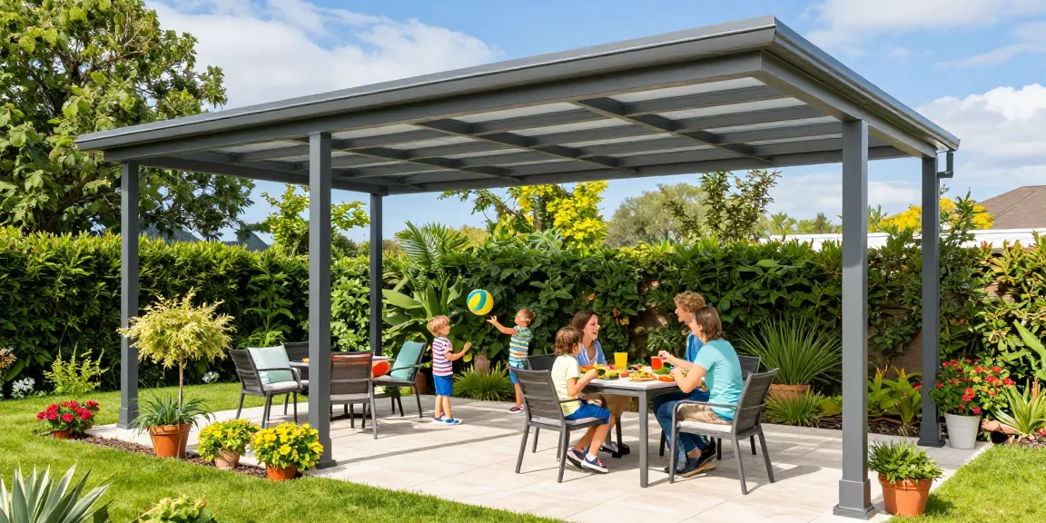 Familie genießt sonnigen Tag unter einer modernen Terrassenüberdachung aus Aluminium mit bunten Gerichten und Spielzeug im Garten.