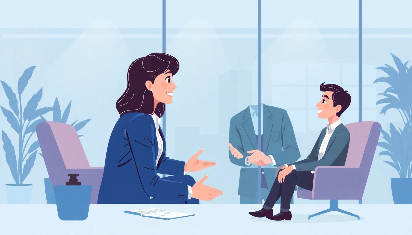 Headhunter interviewing a candidate in a modern office environment, showcasing professionalism and engagement.