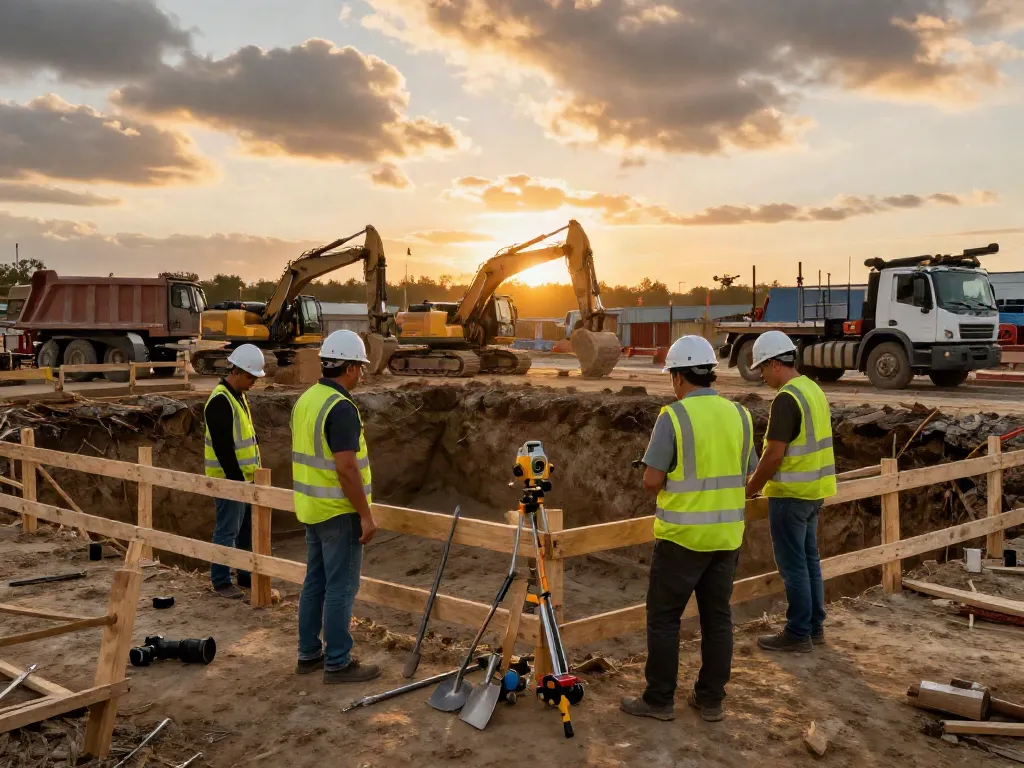 Baugrubensicherung Wien: Sicherheitsmaßnahmen auf einer Baustelle mit Sicherheitsbarrieren und professionellen Bauarbeitern.