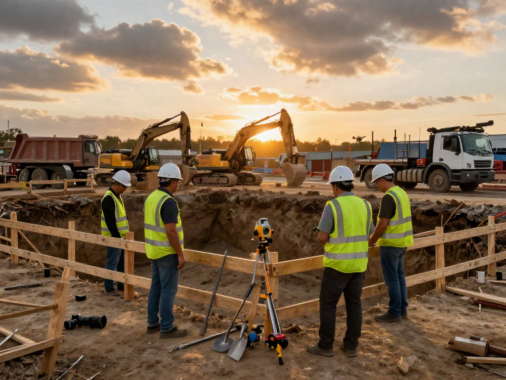 Baugrubensicherung Wien: Sicherheitsmaßnahmen auf einer Baustelle mit Sicherheitsbarrieren und professionellen Bauarbeitern.