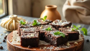 Backofresh gebackene Daga Brownies mit geschmolzener Schokolade und frischer Minze dekoriert.