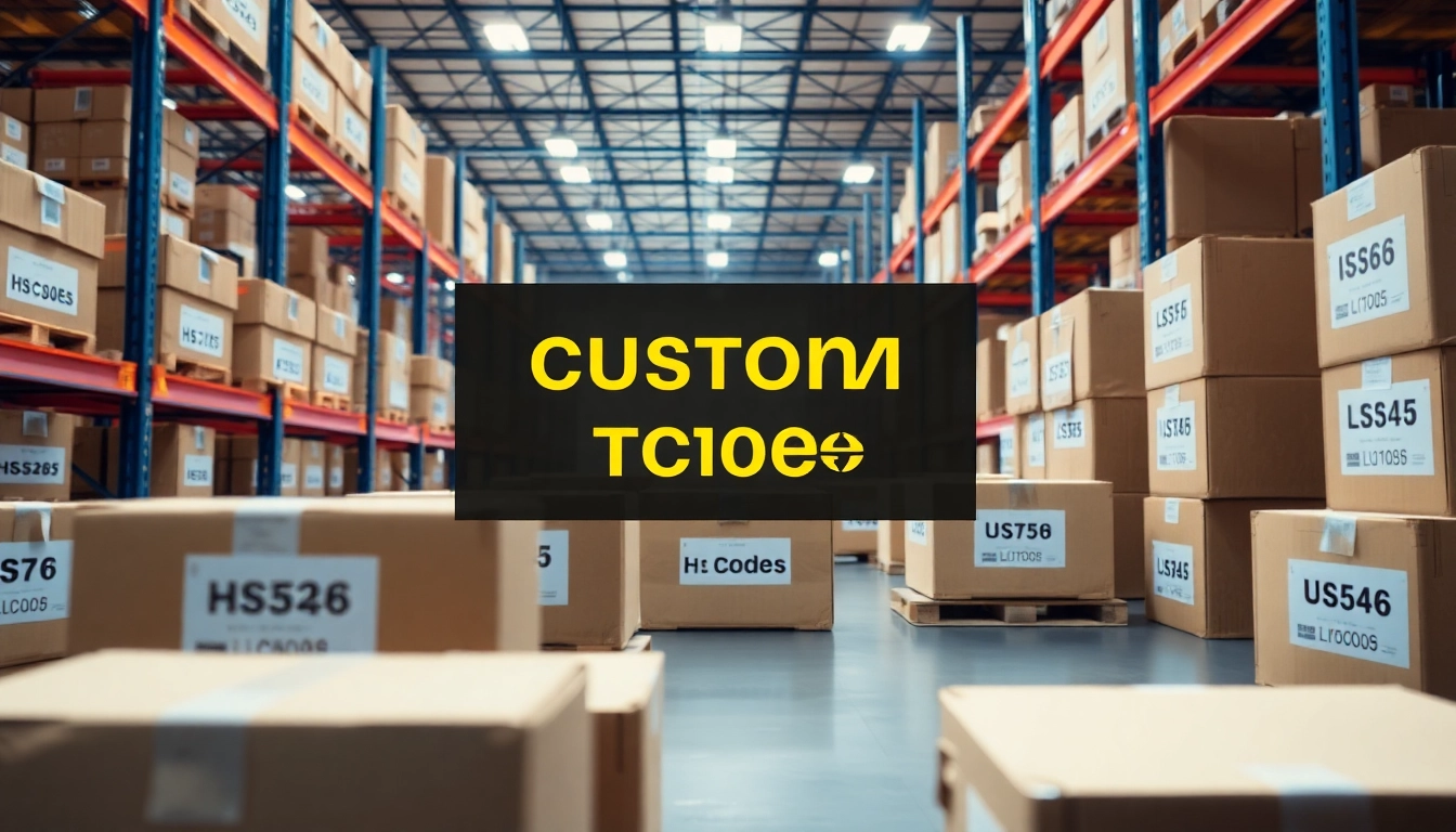 Visual showing HS Code labels on shipping packages in a bright warehouse setting.