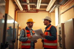 Technician conducting a DGUV V3 Prüfung to ensure electrical safety at a worksite.