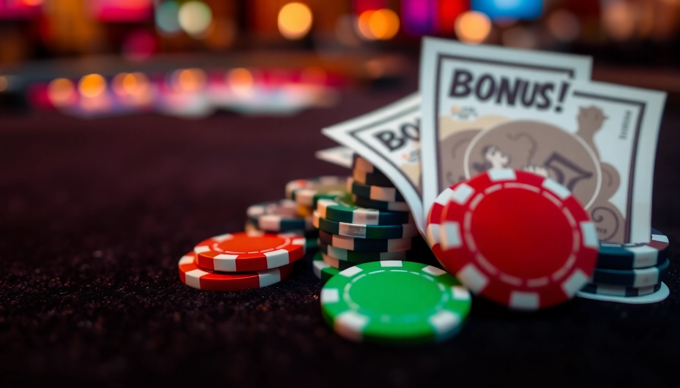 Casino Bonus tickets resting on chips in a luxurious setting, inviting players to explore great offers.