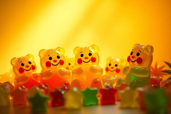 Schmackhafte THC Gummies in verschiedenen Farben, arrangiert auf einem hellen Tisch.