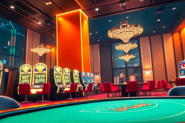 Erleben Sie im Online Casino Schweiz eine aufregende Glücksspielatmosphäre mit eleganten Spielautomaten und Blackjack-Tischen.