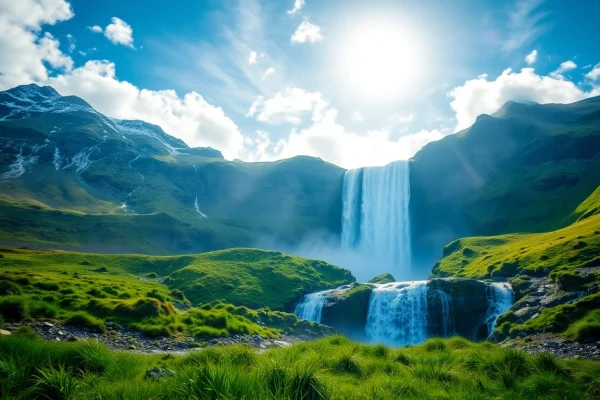 Erleben Sie die atemberaubende Reise nach Island mit einem majestätischen Wasserfall und schneebedeckten Bergen im Hintergrund.