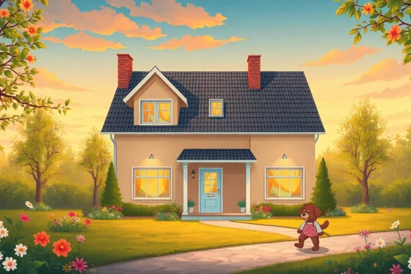 Entdecken Sie Ihr Traumhaus für den Hauskauf in einer idyllischen Umgebung mit einem einladenden Garten und warmem Licht.