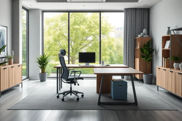 Büromöbel in einem modernen Büro mit einem ergonomischen Stuhl und Schreibtisch, der eine inspirierende Arbeitsumgebung schafft.