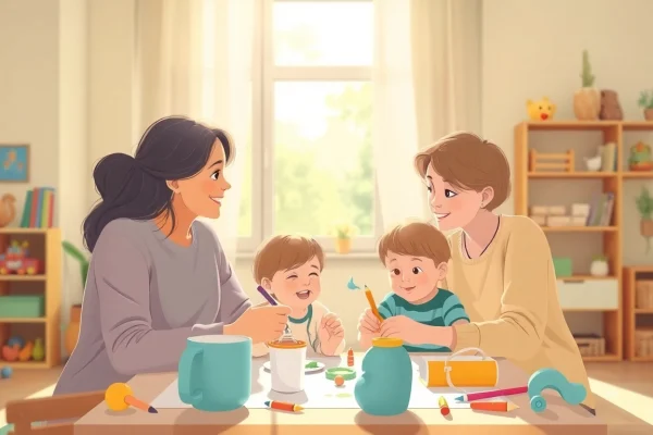 Kindererziehung in einem liebevollen Umfeld: Ein Elternteil spielt mit seinem Kind in hellen, freundlichen Farben, die eine positive Atmosphäre schaffen.