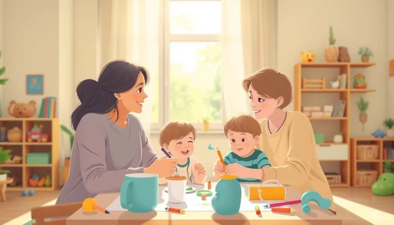Kindererziehung in einem liebevollen Umfeld: Ein Elternteil spielt mit seinem Kind in hellen, freundlichen Farben, die eine positive Atmosphäre schaffen.